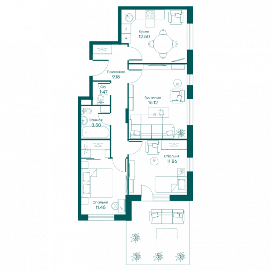 Трёхкомнатная квартира 66 м²