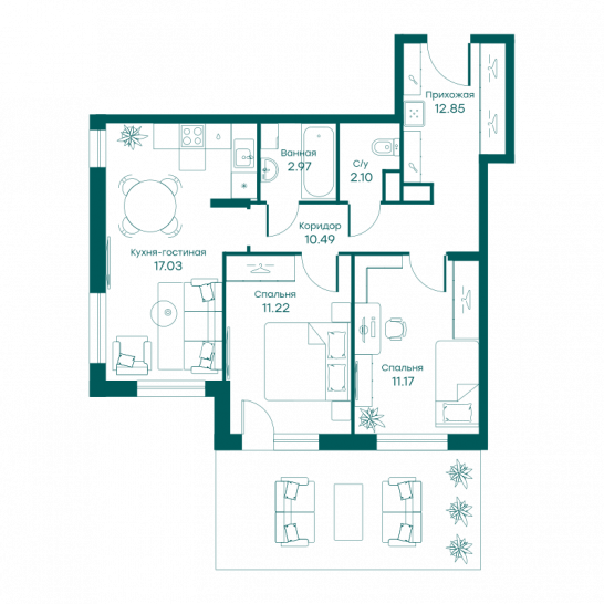 Трёхкомнатная квартира 57.3 м²