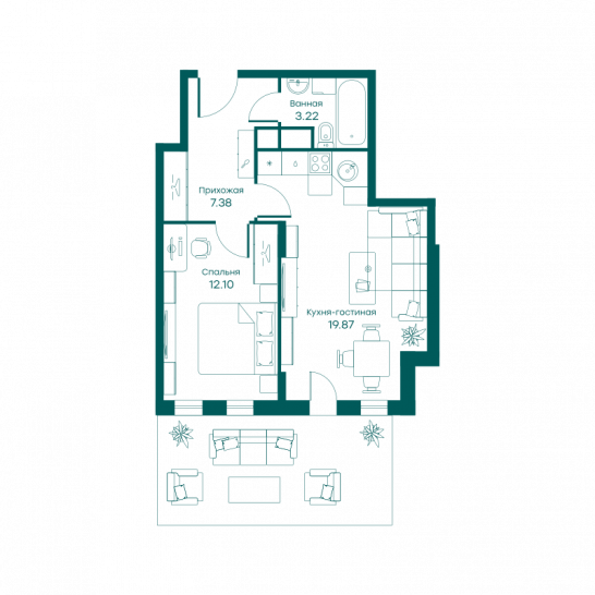 Двухкомнатная квартира 42.6 м²