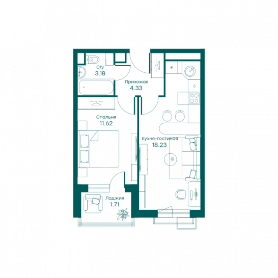 Двухкомнатная квартира 39 м²