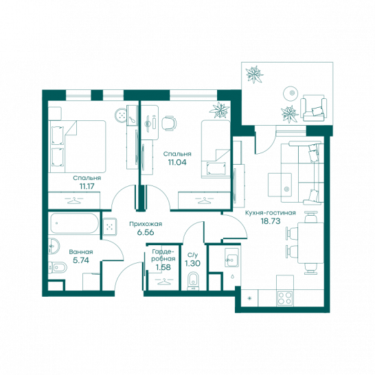 Трёхкомнатная квартира 54.8 м²