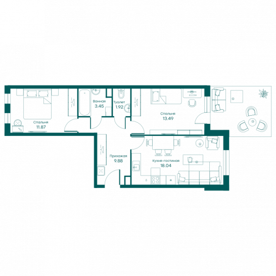Трёхкомнатная квартира 58.6 м²