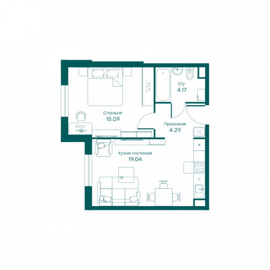 Двухкомнатная квартира 42.6 м²