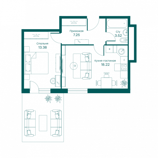 Двухкомнатная квартира 42.4 м²