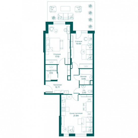 Трёхкомнатная квартира 73.8 м²