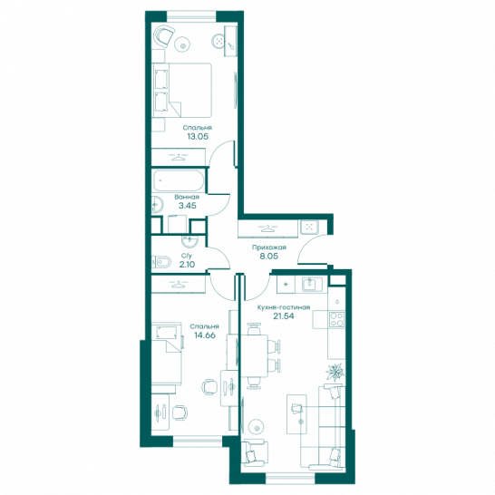Трёхкомнатная квартира 62.7 м²
