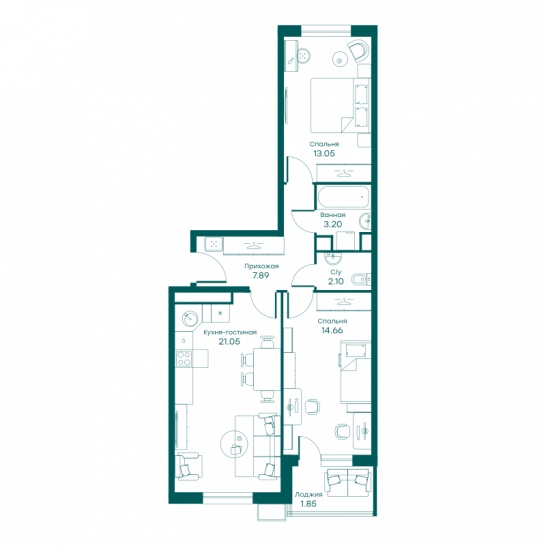Трёхкомнатная квартира 63.4 м²
