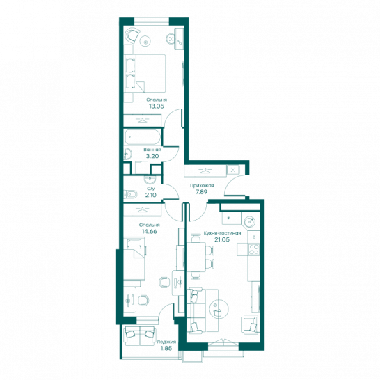 Трёхкомнатная квартира 63.6 м²