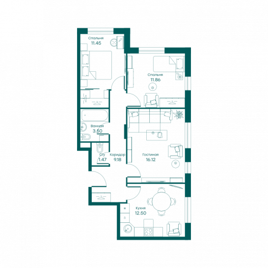 Трёхкомнатная квартира 66 м²