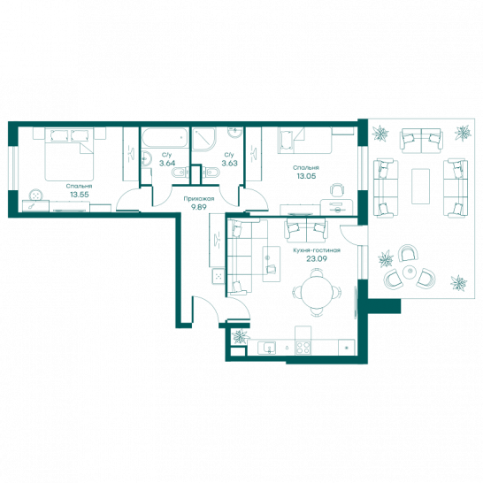 Трёхкомнатная квартира 66.7 м²