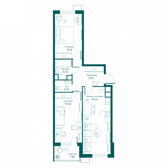 Трёхкомнатная квартира 62.4 м²