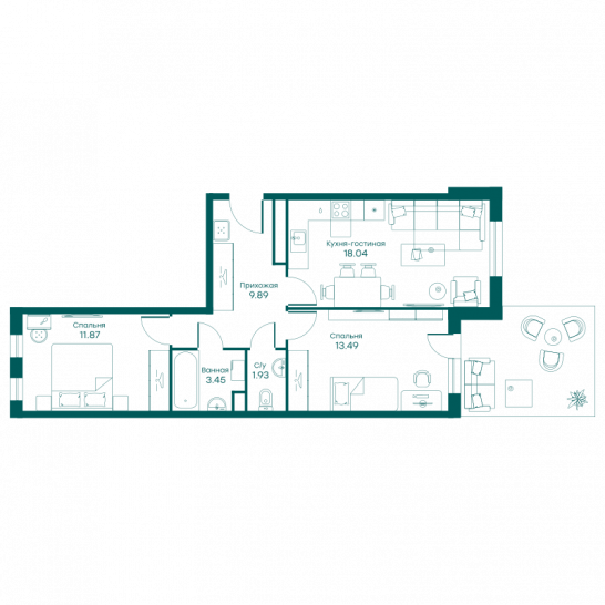 Трёхкомнатная квартира 58.2 м²