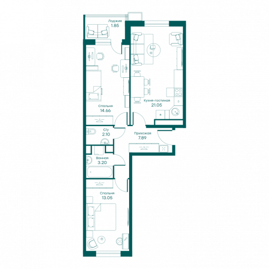 Трёхкомнатная квартира 63.8 м²