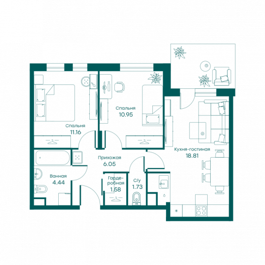 Трёхкомнатная квартира 54.7 м²