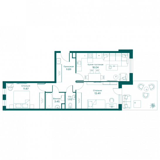 Трёхкомнатная квартира 58.6 м²