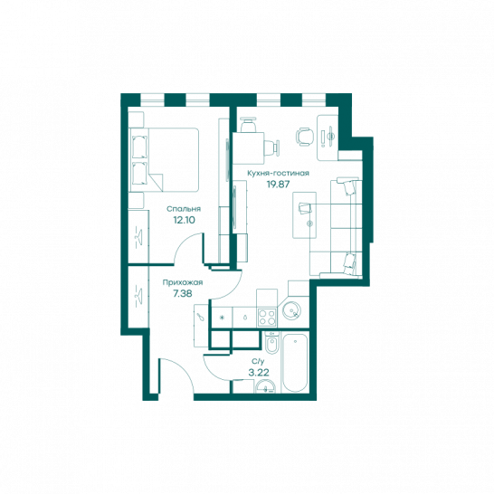 Двухкомнатная квартира 42.7 м²