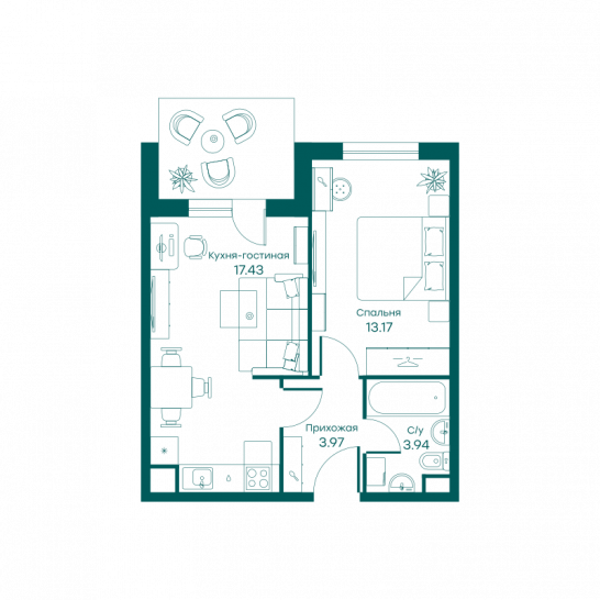 Двухкомнатная квартира 38.4 м²