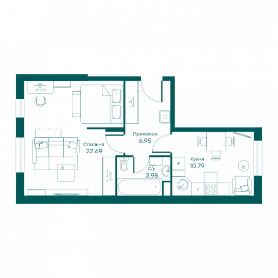 Однокомнатная квартира 44.5 м²