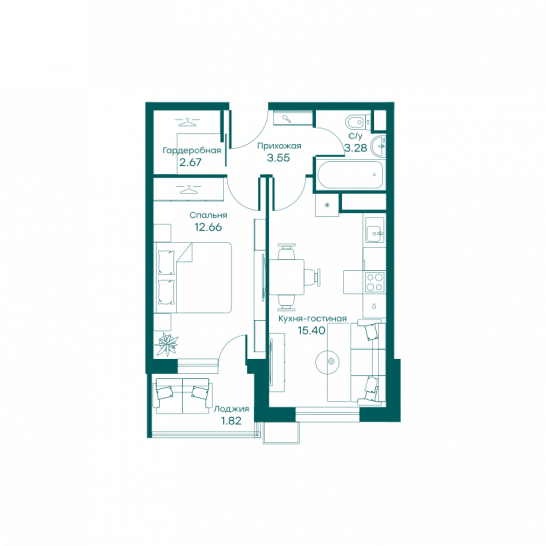 Двухкомнатная квартира 39.3 м²