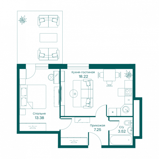 Двухкомнатная квартира 42.3 м²