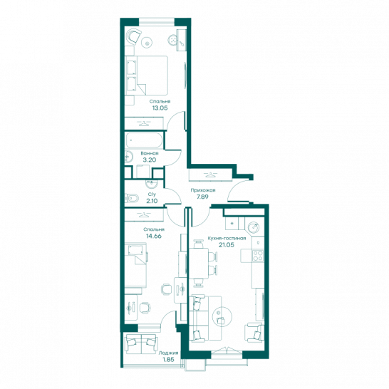 Трёхкомнатная квартира 63.7 м²