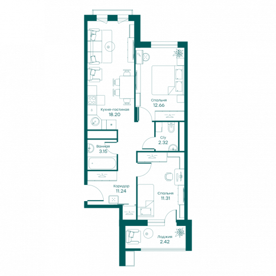Трёхкомнатная квартира 61 м²