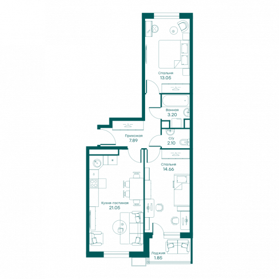 Трёхкомнатная квартира 63.5 м²