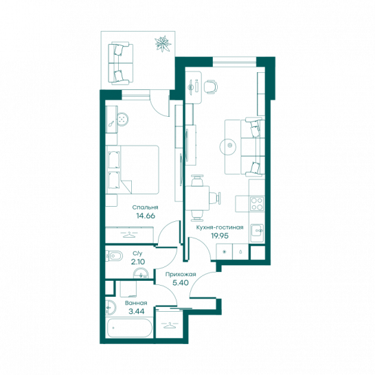 Двухкомнатная квартира 45.6 м²