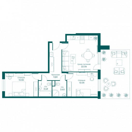 Трёхкомнатная квартира 65.7 м²