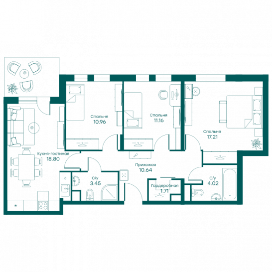 Четырёхкомнатная квартира 77.8 м²